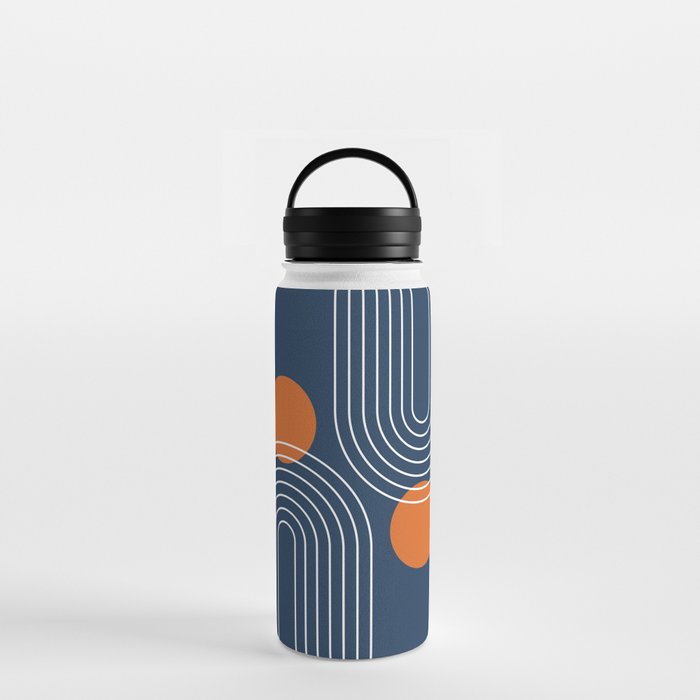 Mid Century Modern Geometric 83 in Navy Blue and Orange (Rainbow and Sun Abstraction) Water Bottle