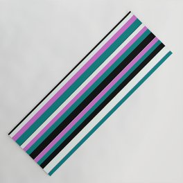 [ Thumbnail: Orchid, Teal, Black, and Mint Cream Colored Striped/Lined Pattern Yoga Mat ]