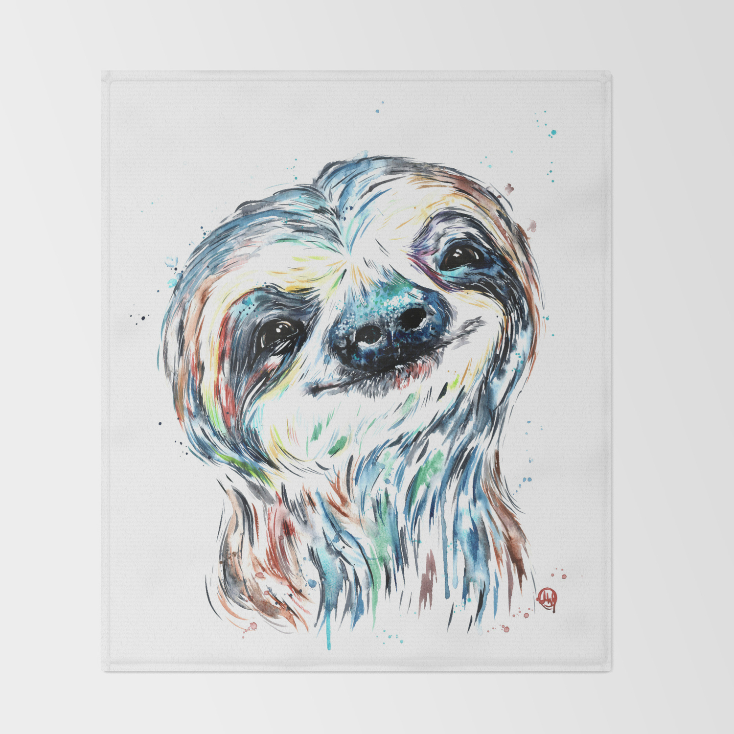 Smiling Sloth Baby Colorful Watercolor Painting Throw Blanket By