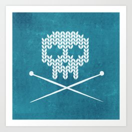 Knitted Skull (White on Blue) Art Print