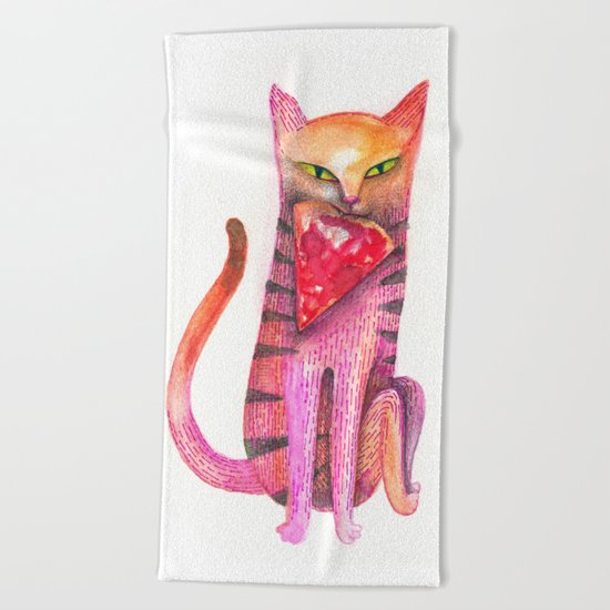 pet cat with precious prey Beach Towel