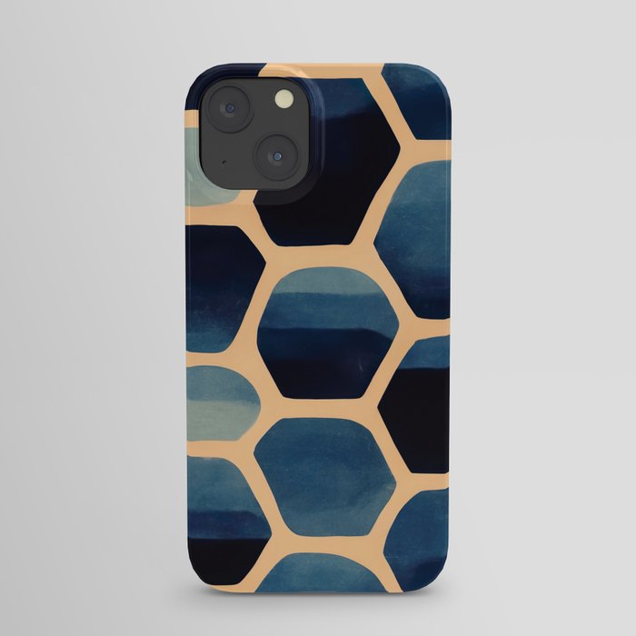 Indigo shapes on a honeycomb background, relaxing repeating pattern, orthogonal,geometric. iPhone Case