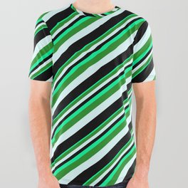 [ Thumbnail: Green, Forest Green, Light Cyan & Black Colored Lines/Stripes Pattern All Over Graphic Tee ]