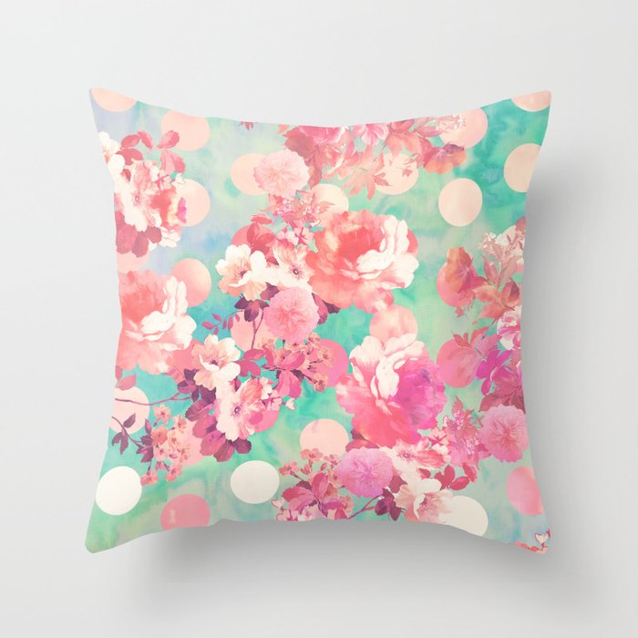 Romantic Pink Retro Floral Pattern Teal Polka Dots Throw Pillow by girlytrend Society6