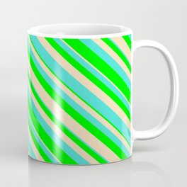 [ Thumbnail: Turquoise, Lime & Tan Colored Lined Pattern Coffee Mug ]