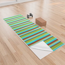 [ Thumbnail: Aqua, Brown, Green & Light Grey Colored Striped Pattern Yoga Towel ]