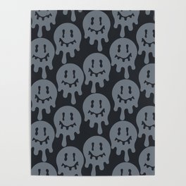 Melted Smiley Faces Trippy Seamless Pattern - Grey Poster