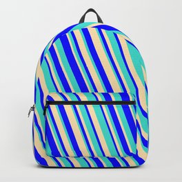 [ Thumbnail: Blue, Turquoise & Beige Colored Striped/Lined Pattern Backpack ]