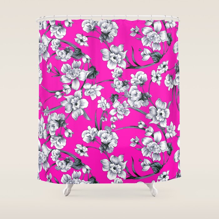 Modern Neon Pink Black White Abstract Floral Shower Curtain By