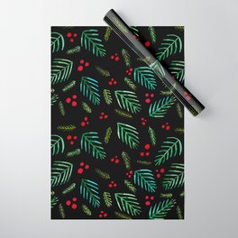 Christmas tree branches and berries - black and green Wrapping Paper