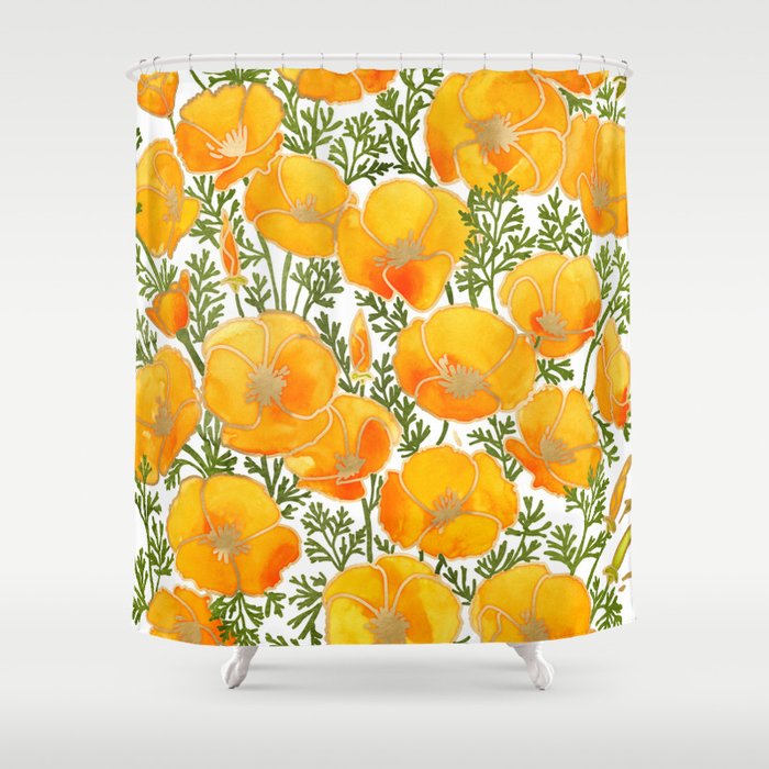 Gold watercolor California poppies Shower Curtain