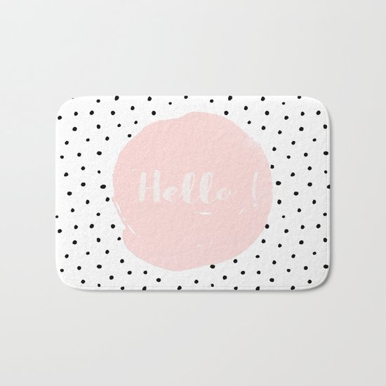 Hello! Black on white Polkadots and pink Typography Bath Mat