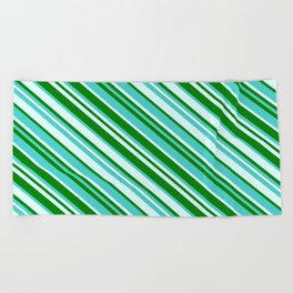 [ Thumbnail: Green, Turquoise & Light Cyan Colored Lined/Striped Pattern Beach Towel ]
