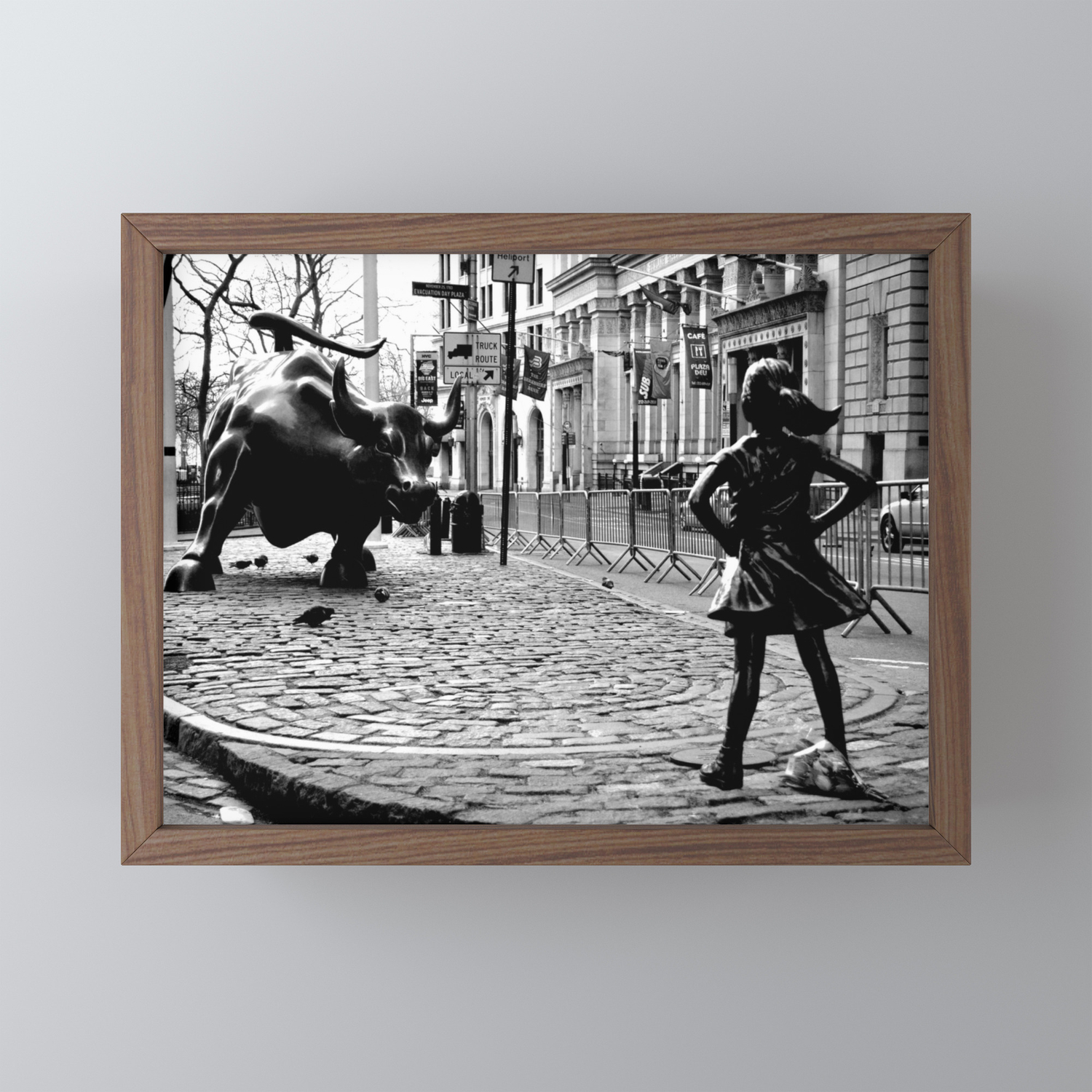 Fearless Girl and the Charging Bull Framed Mini Art Print by Below Canal | Society6 Fearless Girl and the Charging Bull Framed Mini Art Print by Below Canal | Society6