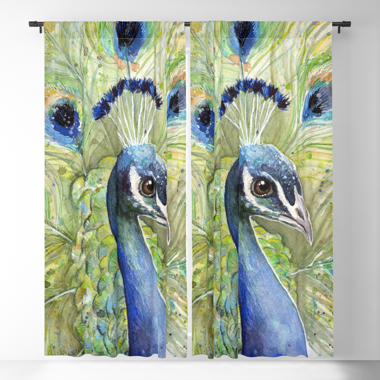 Peacock Watercolor Painting Exotic Birds Blackout Curtain By
