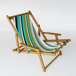 [ Thumbnail: Eye-catching Green, Grey, White, Black & Dark Turquoise Colored Pattern of Stripes Sling Chair ]