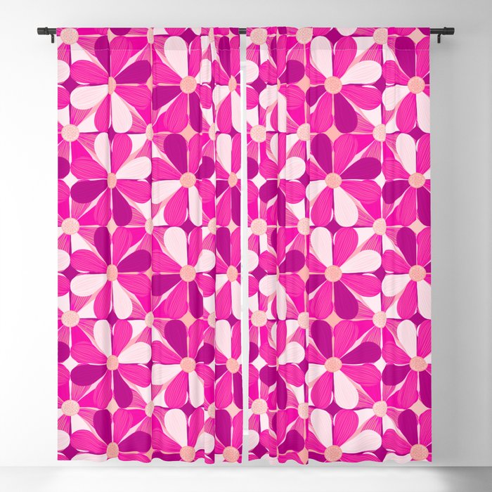 Pink Checkered Daisies Pattern Blackout Curtain