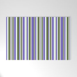 [ Thumbnail: Grey, Slate Blue, Mint Cream & Dark Olive Green Colored Stripes/Lines Pattern Welcome Mat ]