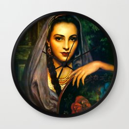 Jesus Helguera Painting of a Calendar Girl with Dark Shawl Wall Clock