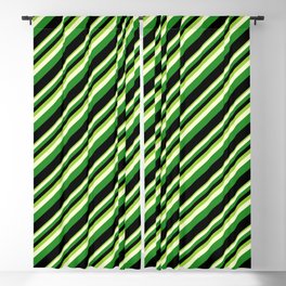 [ Thumbnail: Green, Light Yellow, Forest Green & Black Colored Stripes Pattern Blackout Curtain ]