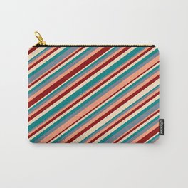 [ Thumbnail: Eye-catching Bisque, Teal, Slate Gray, Light Salmon & Dark Red Colored Stripes Pattern Carry-All Pouch ]