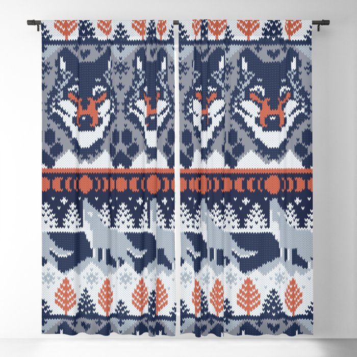 Fair isle knitting grey wolf // navy blue and grey wolves orange moons and pine trees Blackout Curtain