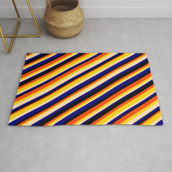 Eye-catching Red, Yellow, Beige, Blue & Black Colored Striped Pattern Rug