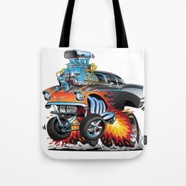 Classic hotrod 57 gasser drag racing muscle car cartoon Tote Bag