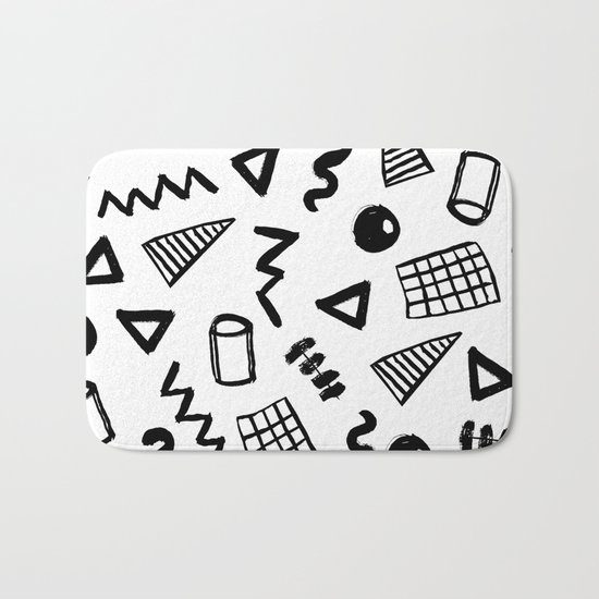 Black and white shapes minimal linocut pattern graphic scandi design Bath Mat