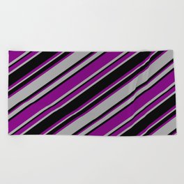 [ Thumbnail: Purple, Dark Gray & Black Colored Striped/Lined Pattern Beach Towel ]