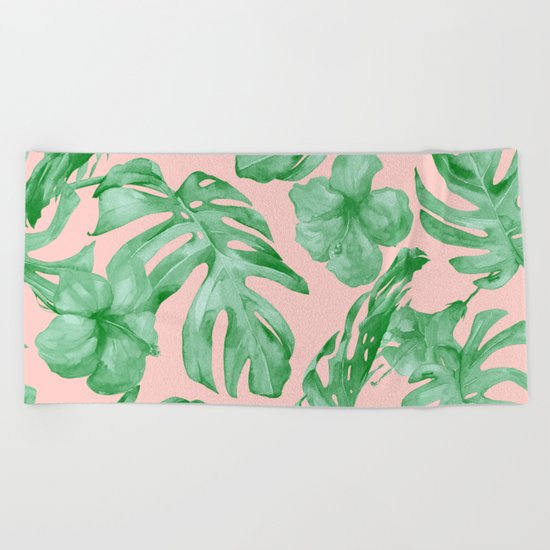 Island Life Coral Pink + Green Beach Towel