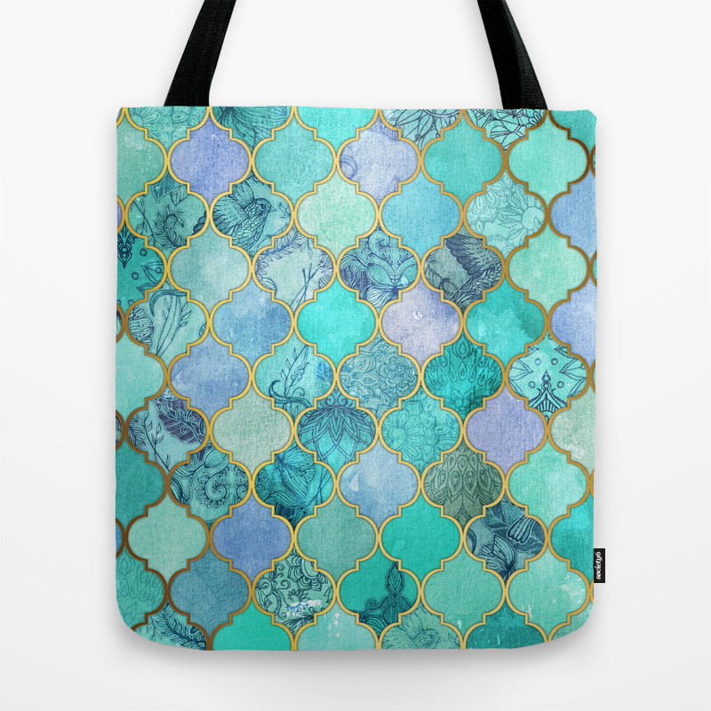 Cool Jade Icy Mint Decorative Moroccan Tile Pattern Tote Bag By