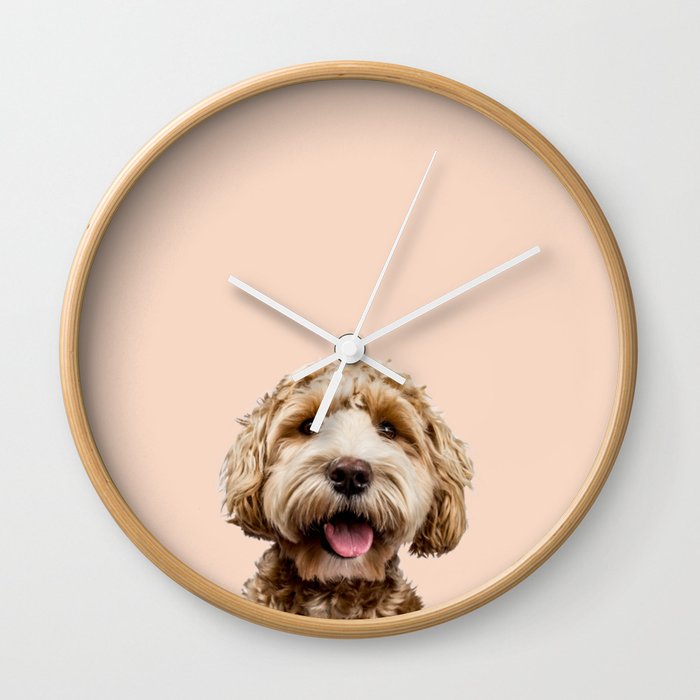 Happy Goldendoodle on Pastel Pink Background Wall Clock