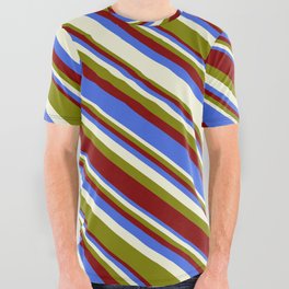 [ Thumbnail: Green, Maroon, Royal Blue, and Beige Colored Stripes/Lines Pattern All Over Graphic Tee ]