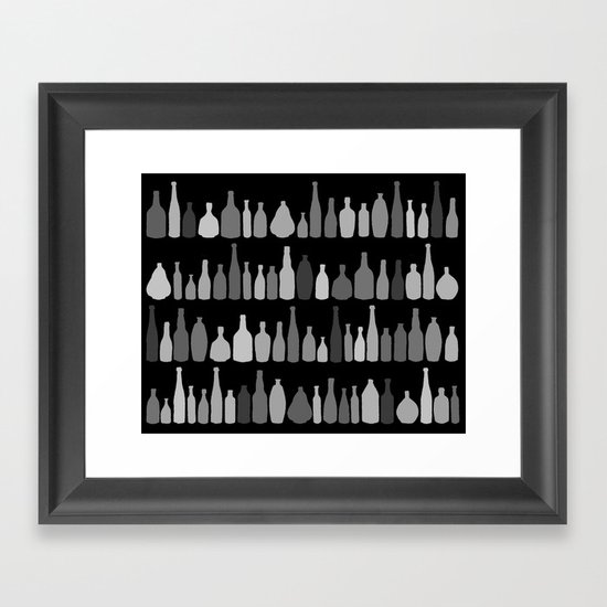 Bottles Black and White on Black Framed Art Print