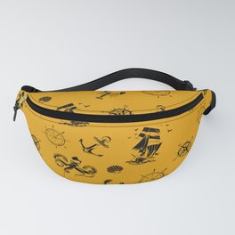 Mustard And Black Silhouettes Of Vintage Nautical Pattern Fanny Pack