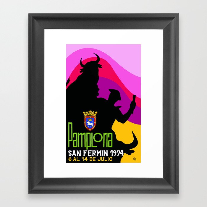 1974 SPAIN Pamplona Running Of The Bulls Poster Framed Art Print