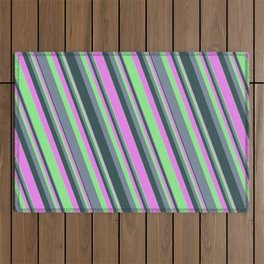 [ Thumbnail: Violet, Light Green, Light Slate Gray, and Dark Slate Gray Colored Lined Pattern Outdoor Rug ]