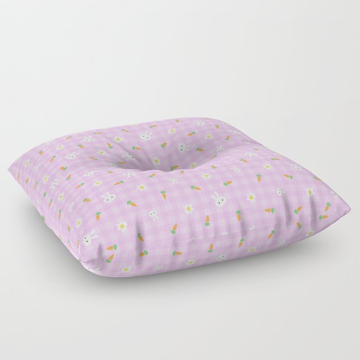 Bunnies, carrots & daisies (Pastel violet Gingham) Floor Pillow