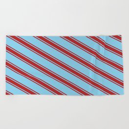 [ Thumbnail: Sky Blue & Red Colored Stripes Pattern Beach Towel ]