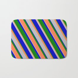 [ Thumbnail: Green, Coral, Grey, and Blue Colored Striped Pattern Bath Mat ]