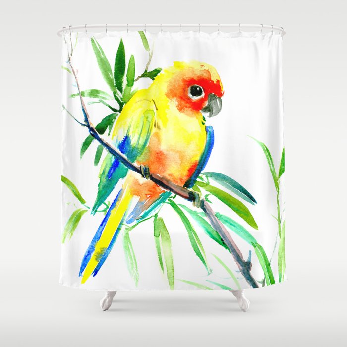 Sun Conure Parakeet, tropical yellow green bird decor Shower Curtain by SurenArt Society6