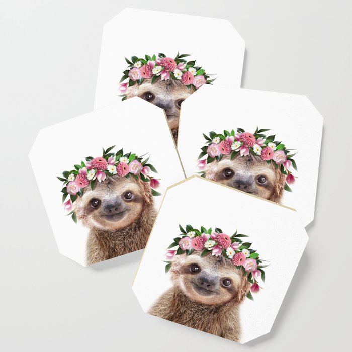 Baby Sloth with Flower Crown, Baby Girl, Pink Nursery, Baby Animals Art Print by Synplus Coaster
