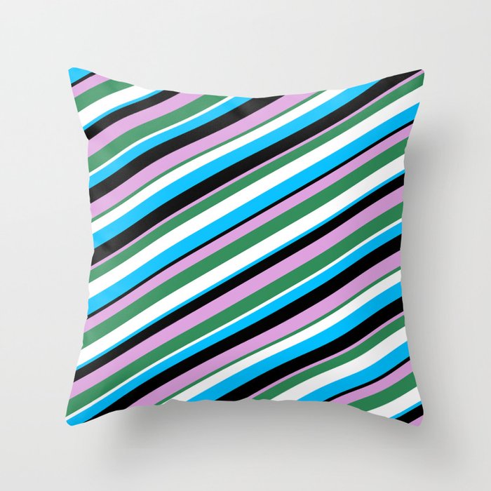 Eyecatching Plum, Sea Green, White, Deep Sky Blue, and Black Colored Pattern of Stripes Throw Pillow