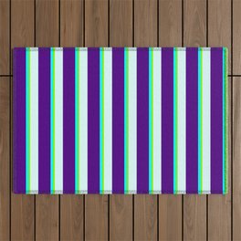 [ Thumbnail: Light Cyan, Indigo, Aqua, and Green Colored Lined/Striped Pattern Outdoor Rug ]