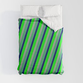 [ Thumbnail: Sea Green, Blue, Lime & Dark Gray Colored Lines Pattern Duvet Cover ]