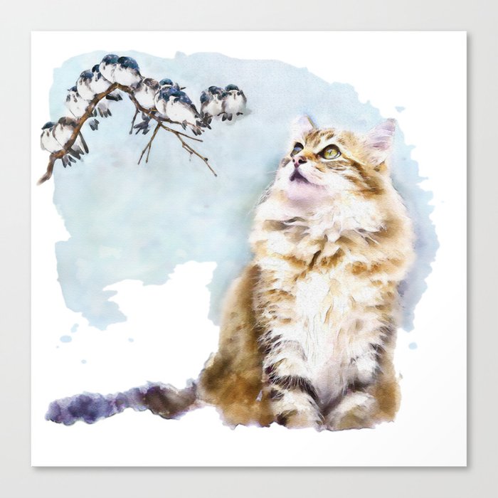 Cute Cat On The Lurk Watercolor Painting Canvas Print By
