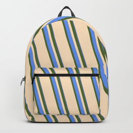 [ Thumbnail: Dark Olive Green, Bisque, and Cornflower Blue Colored Stripes Pattern Backpack ]