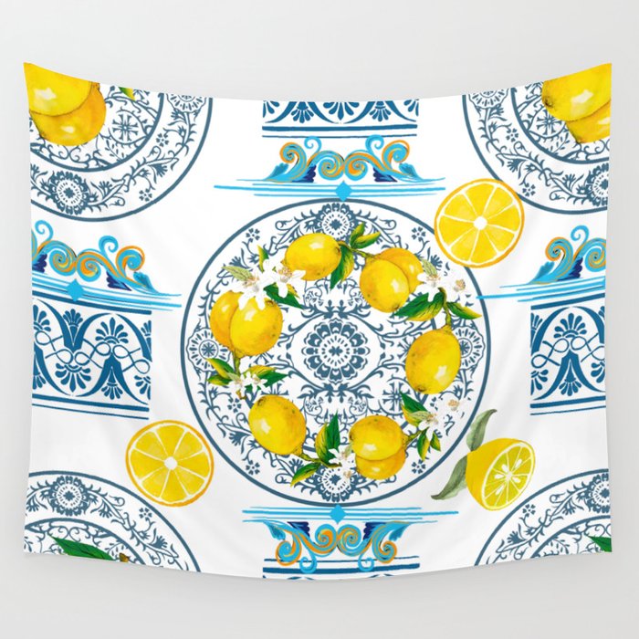 Lemon wreath,majolica Sicilian style art Wall Tapestry