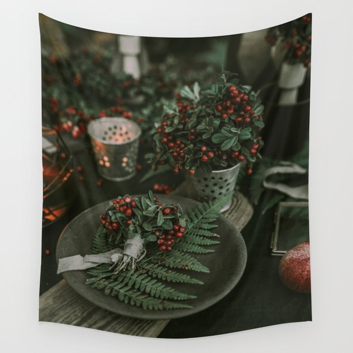 Holly and Greens (Color) Wall Tapestry